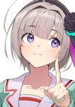  1girl :3 absurdres ahoge aqua_cardigan black_flower black_hairband blunt_bangs blush cardigan closed_mouth collarbone commentary_request eyelashes eyes_visible_through_hair flower grey_hair hair_flower hair_intakes hair_ornament hairband hand_up heart heart_in_eye heaven_burns_red highres huge_ahoge index_finger_raised long_sleeves looking_at_viewer minase_sumomo negino_yurine purple_eyes short_hair signature simple_background smile solo split_mouth symbol_in_eye tareme thick_eyebrows upper_body white_background 