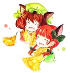  chen closed_eyes kaenbyou_rin multiple_girls scarf shared_scarf smile sugita touhou traditional_media watercolor_(medium) 