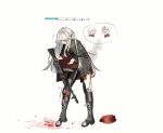  1girl absurdres ak-74m ak74m_(girls'_frontline) assault_rifle black_boots black_pantyhose boots brown_hair commentary girls'_frontline gun guro headset health_bar highres kalashnikov_rifle knee_boots long_hair pantyhose purple_eyes red_skirt rifle skirt thighs torn_clothes torn_pantyhose user_jyux3852 weapon 