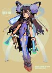  1girl artist_name bachi bagpipes benzaiten_(mythology) biwa_lute black_hair blue_dress blue_shawl blue_thighhighs boots bow brown_background brown_eyes cable center-flap_bangs closed_mouth clothes_writing clothing_cutout commentary_request dated diamond_cutout dress earrings full_body green_bow hagoromo hair_bow hair_rings holding holding_instrument holding_plectrum instrument instrument_hair_ornament japanese_mythology jewelry keyboard_(instrument) leg_cutout long_hair looking_at_viewer lute_(instrument) milestone_celebration original orion_(orionproject) pan_flute panties plectrum science_fiction shawl sidelocks smile solo tambourine thighhighs underwear white_panties wristband 