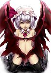  bad_id bad_pixiv_id black_legwear bow covering covering_breasts covering_crotch fangs flat_chest hat heart heart_wings kneeling large_wings lavender_hair lips navel nude red_eyes remilia_scarlet short_hair solo thighhighs touhou wings yukinojou_yakan 