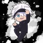  1boy arm_up black_headband black_jacket black_pants black_shoes blue_eyes chibi chibi_only commentary_request dot_nose full_body gojou_satoru hair_over_one_eye hand_up headband jacket jujutsu_kaisen long_sleeves looking_at_viewer male_focus nabe_(nabe_otome) open_mouth pants shoes short_hair solo standing white_hair 