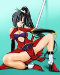  arc_system_works bare_shoulders black_hair blazblue blazblue:_calamity_trigger boots bra breasts china_dress chinadress chinese_clothes cleavage cleavage_cutout dress female full_body glasses gradient gradient_background lao_jiu lingerie litchi_faye_ling loincloth long_hair marubonman polearm ponytail purple_bra purple_eyes sitting solo spread_legs staff underwear very_long_hair weapon 