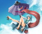  blue_eyes blue_hair geta heterochromia karakasa_obake mio_(fastest_lap) no_panties purple_umbrella pussy pussy_peek red_eyes short_hair solo tatara_kogasa tongue touhou umbrella 