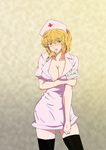  blonde_hair blush breasts cleavage female gradient gradient_background green_eyes hat large_breasts nurse nurse_cap open_clothes open_mouth open_shirt shirt short_hair solo thighhighs 