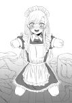  1girl absurdres amputee apron black_dress blush commentary_request dorozumi dress frilled_apron frills greyscale highres laundry laundry_basket long_hair looking_at_viewer maid maid_apron maid_headdress monochrome open_mouth original puffy_short_sleeves puffy_sleeves quadruple_amputee rui_(dorozumi) short_sleeves smile solo waist_apron white_apron 