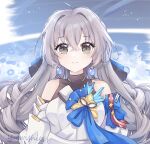  1girl absurdres bare_shoulders blue_ribbon breasts bronya_rand closed_mouth commentary crossed_bangs dress earrings english_commentary grey_eyes grey_hair hair_between_eyes highres honkai:_star_rail honkai_(series) jewelry long_hair looking_at_viewer medium_breasts ribbon solo upper_body white_dress yuewishies 