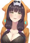  1girl absurdres animal_ears animal_hood animal_on_head asakura_karen_(heaven_burns_red) birthday black_hair blunt_bangs blush breasts cat cat_ears cat_hood cat_on_head character_name cleavage collarbone commentary_request dated eyelashes fake_animal_ears glint hair_over_breasts happy_birthday heaven_burns_red highres hood hood_up hoodie large_breasts lips long_hair looking_at_viewer low_twintails negino_yurine on_head open_clothes open_hoodie open_mouth orange_hoodie sharp_teeth signature simple_background smile solo sunglasses teeth tsurime twintails upper_body upper_teeth_only white_background white_cat yellow_eyes 