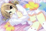  bed blonde_hair blue_panties copyright_request covered_nipples flat_chest hair_ornament hair_ribbon highres hinata_mutsuki lying nipples no_bra open_clothes open_shirt panties pillow puffy_nipples ribbon shirt short_hair solo striped striped_panties thighhighs underwear white_legwear 