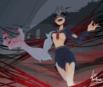  1girl artist_name black_hair black_serafuku blood blood_on_face breasts claws commentary english_commentary evil_smile fangs fox_hinako fox_mask highres jrvanesbroek mask midriff mismatched_arms neckerchief red_neckerchief school_uniform serafuku shimizu_hinako signature silent_hill_(series) silent_hill_f skirt smile spoilers torn_clothes torn_skirt underboob 
