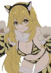 1girl animal_ear_hairband animal_ears animal_hands animal_print bikini blonde_hair breasts brown_eyes claw_pose closed_mouth commentary_request crossed_bangs elbow_gloves fake_animal_ears fur-trimmed_gloves fur-trimmed_thighhighs fur_collar fur_trim gloves hairband highres large_breasts leaning_forward long_hair looking_at_viewer navel official_alternate_costume paw_gloves print_bikini shokuhou_misaki smile solo sparkling_eyes swimsuit ten_8810 thighhighs tiger_ears tiger_paws tiger_print toaru_kagaku_no_mental_out toaru_kagaku_no_railgun toaru_majutsu_no_index triangle_bikini_top very_long_hair white_background yellow_bikini 
