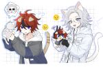  2boys :d ? ?? ahoge animal animal_ears animalization aotsuki_eito black_gloves black_streaks blue_eyes breast_pocket cat cat_boy cat_ears cat_tail chinese_commentary collarbone commentary_request dual_persona emoji glasses gloves grey_hair grey_jacket highres holding holding_animal holding_cat hood hoodie jacket jacket_over_hoodie kemonomimi_mode male_focus multicolored_hair multiple_boys open_clothes open_jacket pocket purple_eyes red_hair short_hair smile spoken_character streaked_hair sumino_takumi tail the_hundred_line_-last_defense_academy- two-tone_hair utopian0726 white_background white_hoodie white_jacket 