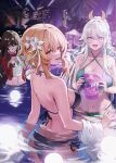  +_+ 3girls ayul_(ayulneri_92) ball bikini black_bikini blonde_hair blue_bikini breasts brown_hair city_lights cleavage collarbone commentary_request criss-cross_halter fingernails flower from_behind genshin_impact hair_between_eyes hair_flower hair_ornament halterneck hand_up hands_up highres holding holding_ball hu_tao_(genshin_impact) large_breasts long_hair looking_at_viewer looking_back lumine_(genshin_impact) medium_breasts multiple_girls navel night open_mouth outdoors partially_submerged pool short_hair_with_long_locks side-tie_bikini_bottom stomach string_bikini swimsuit very_long_hair white_flower white_hair yellow_eyes zibai_(genshin_impact) 