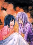  2girls blanket hanazono_shizuma multiple_girls pajamas rokujou_miyuki simple_background strawberry_panic strawberry_panic! traditional_media young younger 