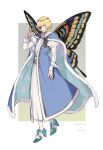  1boy arthropod_boy badeni blonde_hair blue_eyes bug butterfly butterfly_on_hand butterfly_wings cape chi.:_chikyuu_no_undou_ni_tsuite commentary_request cosplay crown diamond_hairband eyepatch fate/grand_order fate_(series) full_body fur-trimmed_cape fur_trim highres insect_wings long_sleeves looking_at_viewer male_focus medium_hair oberon_(fate) oberon_(fate)_(cosplay) sakitsu scar scar_on_face scar_on_mouth scar_on_nose shirt solo standing tunic wings 