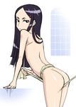  :&lt; arm_support ass back black_hair female fundoshi hair_ornament hairclip hinoki indoors kaibutsu_oujo leaning_forward long_hair looking_at_viewer monster_princess nakua solo standing topless white_background 