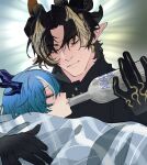  1boy 1girl alcohol arknights black_hair blue_hair bottle brother_and_sister chongyue_(arknights) closed_eyes commentary_request dragon_boy dragon_girl dragon_horns eastern_dragon_horns grey_hair highres holding holding_bottle horns ling_(arknights) nanoli21 pointy_ears siblings smile vodka 