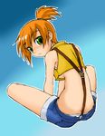  breasts flapper_shirt green_eyes kasumi_(pokemon) looking_back orange_hair pokemon shirt shorts underboob 