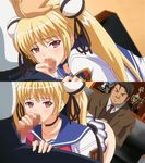  animated animated_gif blonde_hair censored choker fellatio gif hand_on_head long_hair machi_gurumi_no_wana oral penis pink_eyes split_screen takagi_yui tears twintails very_long_hair 