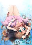 aerith_gainsborough bracelet breasts brown_hair butterfly cleavage dress female final_fantasy final_fantasy_vii full_body gradient gradient_background green_eyes hayatoshindo jewelry long_hair lying materia shindou_hayato solo water 