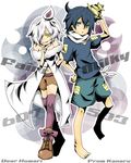  2boys ahoge bare_shoulders barefoot blue_eyes blue_hair boots coat daikenki gijinka hat hitomoshi litwick moemon multiple_boys navel open_mouth personification pokemon pokemon_(game) pokemon_black_and_white pokemon_bw samurott scarf shell short_hair shorts simple_background thighhighs trap white_hair yellow_eyes 