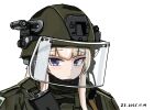  1girl absurdres ak-74m ak74m_(girls'_frontline) assault_rifle brown_hair commentary_request dated girls'_frontline gun headset helmet highres kalashnikov_rifle long_hair purple_eyes rifle russian_flag simple_background solo user_sgex8545 weapon white_background 