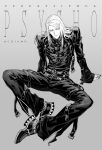  1boy arm_support artist_name belt character_name chiamo_(lmc_clm) chinese_commentary closed_mouth commentary_request fate/grand_order fate_(series) full_body grey_background greyscale highres invisible_chair jacket long_hair looking_at_viewer male_focus monochrome multiple_belts nail_polish pants shoes simple_background sitting solo steampunk tezcatlipoca_(fate) 