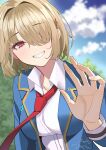  1girl :d absurdres blonde_hair blue_jacket blue_sky blurry blurry_background blush breasts cloud collared_shirt commentary day dutch_angle eyelashes grin hair_intakes hair_over_one_eye happy heaven_burns_red highres jacket kayamori_ruka large_breasts long_bangs looking_at_viewer medium_hair necktie negino_yurine one_eye_covered open_clothes open_jacket outdoors red_eyes red_necktie shirt signature sky slit_pupils smile solo upper_body white_shirt 