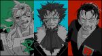  3boys ascot beard black_coat blazer blood blood_from_forehead blood_from_mouth blood_in_hair blood_on_face blue_background blue_eyes chinstrap_beard coat commentary_request constricted_pupils facial_hair facing_viewer fur-trimmed_coat fur_trim ghetsis_(pokemon) giovanni_(pokemon) green_background grey_ascot grey_cloak grey_hair grin hair_slicked_back high_contrast injury jacket looking_ahead lysandre_(pokemon) male_focus monochrome multiple_boys open_mouth pokemon pokemon_bw pokemon_frlg pokemon_xy red_background scar scar_on_face scouter scratches shirt side-by-side smile spot_color sun-baby three-toned_background upper_body wavy_hair white_shirt 