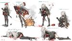  1girl absurdres ak-74m ak74m_(girls'_frontline) assault_rifle black_boots black_pantyhose boots brown_hair commentary death dying girls'_frontline gun guro headset health_bar highres kalashnikov_rifle knee_boots long_hair pantyhose purple_eyes red_skirt rifle skirt thighs torn_clothes torn_pantyhose user_jyux3852 weapon 