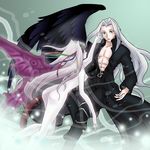  abs ass belt coat female final_fantasy final_fantasy_vii green_eyes helmet hiruandon jenova long_hair looking_back male muscle muscular nude open_clothes open_coat pants red_eyes sephiroth silver_hair trench_coat trenchcoat wings 