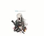  1girl absurdres ak-74m ak74m_(girls'_frontline) assault_rifle black_boots black_pantyhose boots brown_hair commentary girls'_frontline gun guro headset health_bar highres kalashnikov_rifle knee_boots long_hair pantyhose purple_eyes red_skirt rifle skirt thighs torn_clothes torn_pantyhose user_jyux3852 weapon 