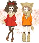  black_(pokemon) black_eyes boots bored bow brown_hair circuit58 coat hair_bow hand_in_pocket hat long_hair open_mouth pokemon pokemon_(game) pokemon_black_and_white pokemon_bw ponytail scarf short_hair shorts skirt sleeves_past_wrist sleeves_past_wrists thighhighs touko_(pokemon) touya_(pokemon) white_(pokemon) 