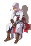  altair_ibn_la-ahad assassin's_creed assassin's_creed_(series) fingerless_gloves gloves hood male_focus sitting solo sword vambraces weapon 