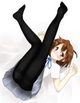  ass bad_id bad_pixiv_id blush brown_eyes brown_hair feet highres hirasawa_yui k-on! legs lying masamuuu on_back pantyhose short_hair skirt solo thighband_pantyhose 