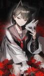  1girl absurdres animal_ears black_hair black_serafuku black_skirt commentary_request flower fox_ears fox_hinako fox_mask highres holding holding_mask kawachi_rin looking_at_viewer mask mismatched_arms pleated_skirt school_uniform serafuku shimizu_hinako short_hair silent_hill_(series) silent_hill_f skirt spider_lily 