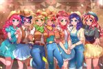  6+girls :d ;d absurdres adjusting_clothes adjusting_headwear alternate_skin_color ankle_boots applejack applejack_(equestria_girls) aqua_dress aqua_eyes aqua_shirt arm_up bandana bandana_around_neck bare_arms bare_legs beer_mug belt black-framed_eyewear black_shirt blonde_hair blue_hair blue_hat blue_overalls blue_pants blue_sailor_collar blue_skirt blue_trim blunt_bangs boots bracelet breasts brown_background brown_boots brown_hat brown_jacket butterfly_hair_ornament capelet chinese_commentary closed_mouth collarbone collared_shirt commentary_request confetti cowboy_boots cowboy_hat cup curly_hair denim denim_overalls diamond_hair_ornament double-parted_bangs dress feet_out_of_frame fluttershy fluttershy_(equestria_girls) foreshortening frilled_dress frills glasses gold_bracelet green_bandana green_eyes green_hair grey_belt grin hair_between_eyes hair_ornament hair_over_shoulder hand_on_another's_hand hand_on_another's_hip hand_on_another's_shoulder hat high_heel_boots high_heels highres holding holding_cup holding_hands indoors interlocked_fingers jacket jeans jewelry kewoshixiaodaia knee_boots knees_together_feet_apart lifting_own_clothes long_hair long_sleeves mane_six_(my_little_pony) medium_breasts miniskirt mug multicolored_hair multiple_girls my_little_pony my_little_pony:_equestria_girls my_little_pony:_friendship_is_magic official_alternate_hairstyle one_eye_closed open_clothes open_jacket open_mouth orange_bandana orange_hair overalls pants pink_eyes pink_hair pinkie_pie pinkie_pie_(equestria_girls) plaid_clothes plaid_shirt pleated_skirt pocket polka_dot_bandana ponytail puffy_short_sleeves puffy_sleeves purple_belt purple_eyes purple_hair rainbow_dash rainbow_dash_(equestria_girls) rainbow_hair rarity_(equestria_girls) rarity_(my_little_pony) reaching reaching_towards_viewer rectangular_eyewear red_bandana red_belt red_capelet red_hair sailor_collar science_fiction shirt short_bangs short_sleeves sidelocks skirt sleeveless sleeveless_jacket smile standing standing_on_one_leg streaked_hair sunset_shimmer sunset_shimmer_(human) swept_bangs tareme teeth two-tone_hair upper_teeth_only v_arms wavy_hair white_shirt yellow_shirt 