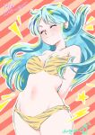  1girl ^_^ animal_print aqua_hair arms_behind_back bad_id bad_twitter_id bikini breasts cleavage closed_eyes commentary_request cone_horns dated dugonnomori highres horns long_hair lum navel pointy_ears print_bikini sidelocks signature smile solo swimsuit tiger_print urusei_yatsura 