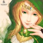  aner_(qqan00) bad_id bad_pixiv_id blonde_hair closed_mouth dragon_nest green_eyes highres hood portrait smile solo tiara 