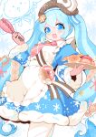  1girl :d apron blue_dress blue_eyes blue_hair blush brown_hat character-themed_food commentary_request cowboy_shot donut double-parted_bangs dress food frilled_apron frills hair_between_eyes hat hatsune_miku highres holding holding_tongs holding_tray kanoe_soushi long_hair long_sleeves looking_at_viewer necktie open_mouth pantyhose pink_necktie rabbit_yukine short_dress smile solo striped_clothes striped_pantyhose tongs tray twintails vocaloid white_apron white_pantyhose wide_sleeves yuki_miku yuki_miku_(2026) 