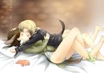 animal_ears ass bai_lao_shu barefoot blonde_hair blush bow brown_hair candy closed_eyes couple erica_hartmann food french_kiss gertrud_barkhorn hair_bow hand_on_another's_head kiss legs lying military military_uniform multiple_girls on_back panties panty_pull pillow short_hair strike_witches tail twintails underwear uniform world_witches_series yuri 