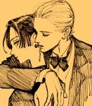  1boy 1girl arm_around_neck arm_up biting bow bowtie closed_eyes commentary_request crosshatching earrings hair_slicked_back hatching_(texture) hetero highres ichimaru_kohaku jacket jewelry lips mika_yamamori mole mole_under_mouth monochrome short_hair sketch takiguchi_yoi traditional_bowtie tuxedo uruwashi_no_yoi_no_tsuki 