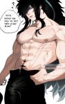  1boy ? ?? abs bara belt black_hair black_pants bulge commentary_request crezz_(infj_crezz) english_commentary english_text engrish_text highres holding holding_belt looking_at_viewer male_focus muscular muscular_male nipples open_fly pants parted_lips pectorals ponytail qiuyuan_(wuthering_waves) ranguage shredded_muscles speech_bubble tacet_mark_(wuthering_waves) thumb_in_beltline white_background wuthering_waves 