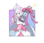  1girl absurdres blue_archive blue_background border commentary_request corset crescent crescent_hair_ornament detached_sleeves gradient_background hair_ornament halo head_wings highres incoming_object long_hair looking_at_viewer magical_girl meme motion_blur official_alternate_costume outside_border pink_corset pink_ribbon purple_background purple_halo red_eyes ribbon single_head_wing single_wing sparkle_background star_(symbol) stun_grenade suzumi_(blue_archive) suzumi_(magical)_(blue_archive) throwing toucho3691 very_long_hair white_border white_hair white_wings wings woe_plague_be_upon_ye_(meme) wrist_cuffs 