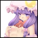  covering covering_nipples crescent flat_chest hat iganseijin long_hair off_shoulder open_clothes patchouli_knowledge purple_eyes purple_hair solo touhou 