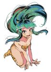  1girl animal_print aqua_hair bikini boots breasts cleavage collarbone commentary cone_horns fang highres horns hyamoo knee_boots long_hair looking_at_viewer lum open_mouth orange_eyes pointy_ears print_bikini print_boots sidelocks simple_background solo swimsuit tiger_print urusei_yatsura white_background 