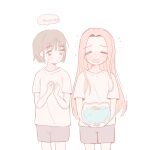  2girls alien_stage black_hair bowl closed_eyes coldmeow commentary crying english_commentary english_text fish fishbowl highres holding holding_bowl long_hair mizi_(alien_stage) multiple_girls pink_hair purple_eyes shirt short_hair shorts sua_(alien_stage) tears water white_background white_shirt 