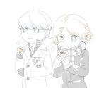  2boys black_gloves black_jacket brown_hair closed_mouth coat food gloves grey_hair hanamura_yousuke headphones headphones_around_neck holding holding_food jacket kkyagdoyo164972 korean_text long_sleeves male_focus multiple_boys narukami_yu open_mouth persona persona_4 plaid_clothes plaid_scarf scarf school_uniform short_hair simple_background taiyaki translation_request upper_body wagashi white_background white_coat yasogami_school_uniform 