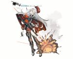  1girl absurdres ak-74m ak74m_(girls'_frontline) assault_rifle black_boots black_pantyhose boots brown_hair commentary girls'_frontline gun guro headset health_bar highres kalashnikov_rifle knee_boots long_hair pantyhose purple_eyes red_skirt rifle skirt thighs torn_clothes torn_pantyhose user_jyux3852 weapon 