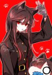  2girls animal_ears belt_buckle black_hair black_jacket buckle buttons cat_day cat_ears chibi commentary_request double-breasted double-parted_bangs fate/grand_order fate_(series) gloves gold_buttons hand_on_own_ear highres jacket lapels long_hair long_sleeves looking_at_viewer mini_nobu_(fate) multiple_girls notched_lapels oda_nobunaga_(fate) oda_nobunaga_(kaiser)_(fate) paw_print red_background red_eyes simple_background solo_focus twitter_username watermark white_gloves yui_(tamagohan) 